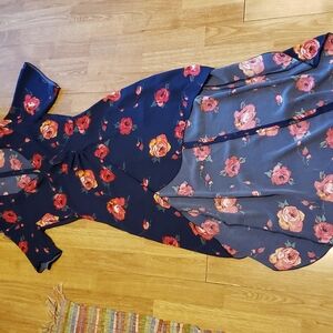 Aritzia Babaton navy floral high-low split back surplice dress sz 0